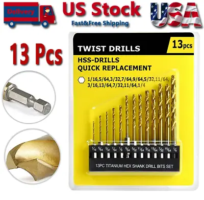 13PCs 1/16 -1/4  Twist Drill Bit Set Titanium High Speed Steel Wood Metal Drill • $6.95