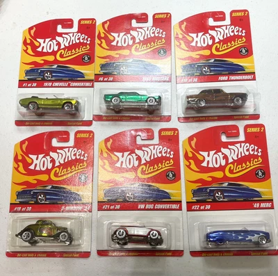 $15 • Buy 6!Hot Wheels Classics Series 2 Chevelle,Mustang, Thunderbolt,34Ford,VWBug,49Merc