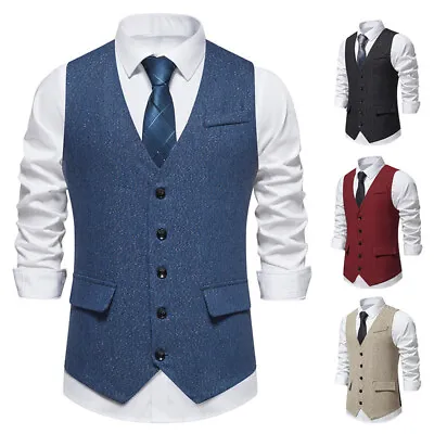 Mens Solid Single Breasted Formal Wedding Smart Casual Suit Waistcoat Vest • £12.66