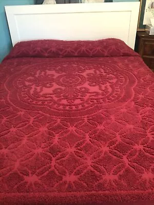 Vintage Dark Maroon Chenille Bedspread Full- Queen 100” X88”#2179 • $22