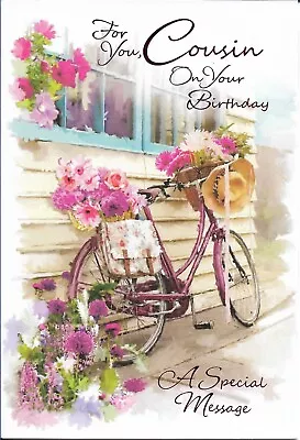 Cousin Female Birthday Greeting Card 7 X5  Bike And Flowers • £1.99