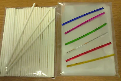 50 X 6  PAPER LOLLIPOP STICK KIT CAKE POP 3  X 5  CELLO BAGS METALLIC TWIST TIES • £5.75