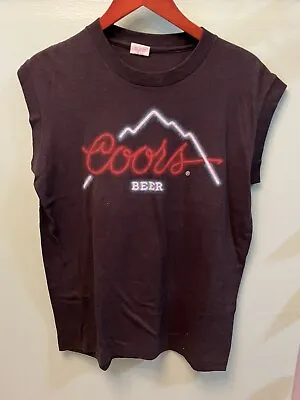 Vintage 1980s Coors Beer Shirt Neon Sign Logo Black Sleeveless Sun Tag Large • $20