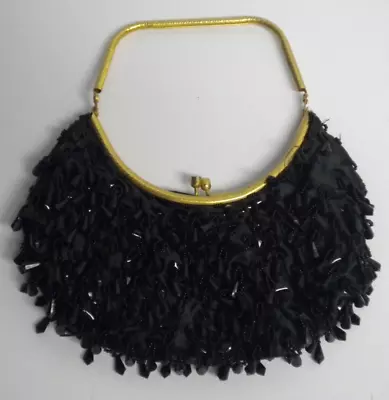 Vintage 60s 70s HONG KONG Black Beaded Gold Handle Small Purse Handbag FREE SHIP • $19.99