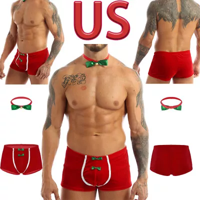 US Men's Velvet Christmas Bulge Pouch Boxer Shorts With Bowtie Cosplay Costume • $10.89