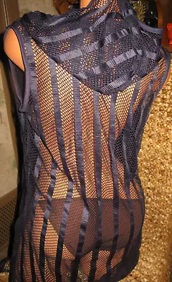 J Valdi Open Weave Sheer Pull Over V Hooded Beach Cruise Cover Up Nwot Navy Med. • $16.99