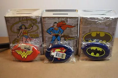 Neca DC Comics 3 TIN COIN BANKS + 3 COIN PURSE - BATMAN WONDER WOMAN SUPERMAN • £15