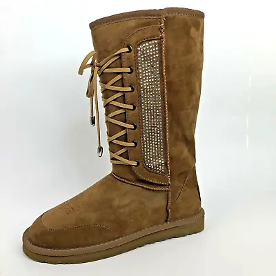 Montana West Women's Boots Size 8 Suede W/ Rhinestones Lace Up Lined New No Box • $29.99