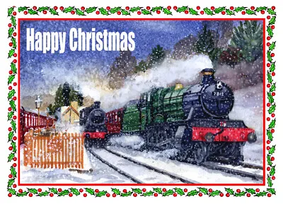 STEAM TRAINS SNOW SVR PAINTING QUALITY GLOSSY CHRISTMAS CARD 8 X 6  FREE POST • £3.45