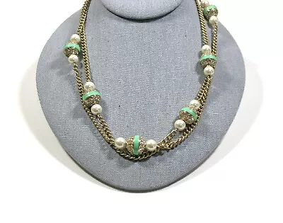 J Crew Mint Green Enamel Pave Crystal & Faux Pearl Bead Chain Necklace 18-21  • $22