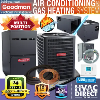 Goodman 5 Ton 14 SEER2 80% 100K BTU NG/LP Gas Furnace & AC Split System Kit • $4844