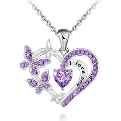 Elegant Trendy I Love You Heart Butterfly Pendant Necklace Purple Or Pink • $6