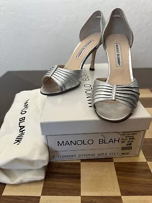 Manolo Blahnik Sedaraby Napa Silver Heels Women Sz 36.5/6HB • $30