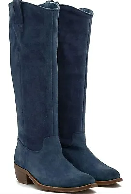 LEHOOR Women Navy Blue Stacked Heel Slouchy Knee High Western Boots Pointed Toe • $37.97