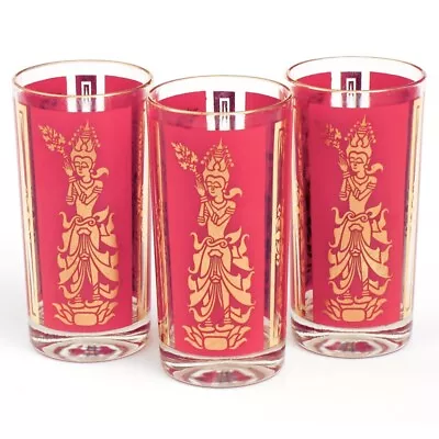 Vintage MCM Asian THAI GODDESS Set Of 3 Highball Glasses • $26