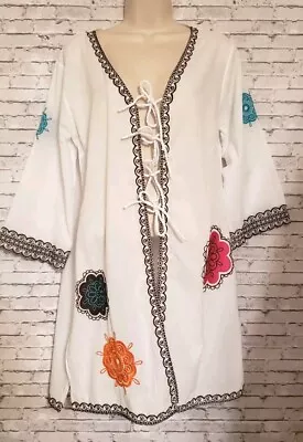 Mud Pie Bag Lady Size L Cardigan Wrap Cover Up Peasant Embroidery Boho Beachwear • $17.60