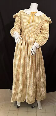 Vtg.? Prairie Dress Sz.S Full Skirt Yellow Gold Check Ruffle Sleeves 34/28/56 • $48
