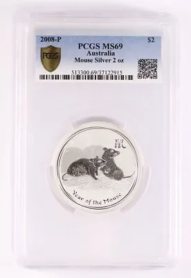 2008 Lunar Year Of The Mouse 2oz Silver Coin PCGS MS69 - Perth Mint Series II 2 • $1043.81
