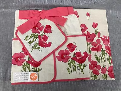 NOS Vera Linen Pink Floral Apron Towel Potholder Set • $65