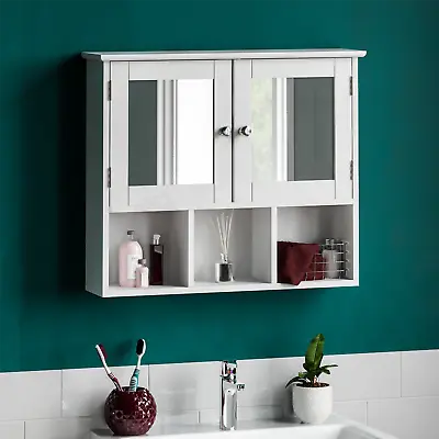 Priano Bathroom Mirror Cabinet Double Door Shelves Wall Mounted Cupboard White • £32.99