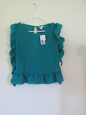 New Women's I Love H81 Forever 21 Jade Green Ruffle Edge Tank Top Shirt Sz Small • $18.99