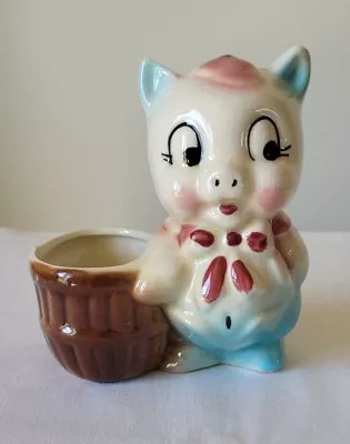 Vintage Pig Planter Vase With Basket /Barrel /Bucket For Plants Pottery Ceramic • $9.99