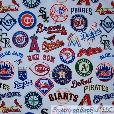 BonEful FABRIC FQ Cotton Quilt White Red Blue American Baseball Team MLB USA Boy • $7.18