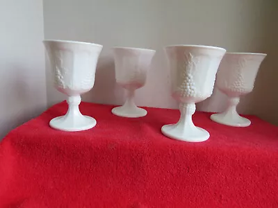 Four Vintage Opaque Milk Glass Grapevine Pattern Footed Water Goblets • $20