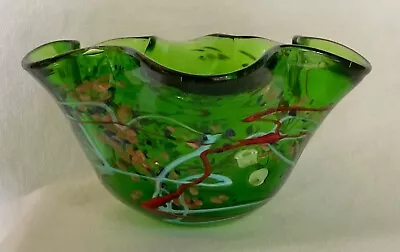 Hand Blown Art Glass Ruffled Green Bowl Shimmers Swirls By Viz Glass Inc • $42.50