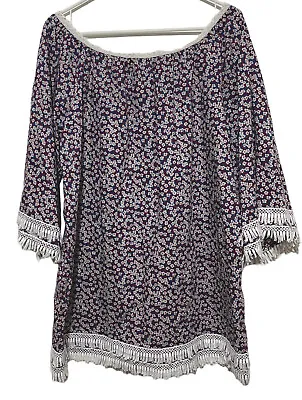 Miguelina Dress Women Size L  Purple Ditsy Floral Mini On Off Shoulder Fringed  • $27.58
