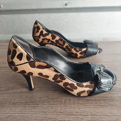 MAX STUDIO Maldives Leopard Print Fur Black Buckle Leather Pump Heels Shoes 6M • $29.74