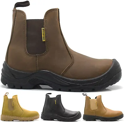 Mens Lightweight Leather Dealer Slip On Steel Safety Chelsea Work Boots Shoes Sz • £26.95