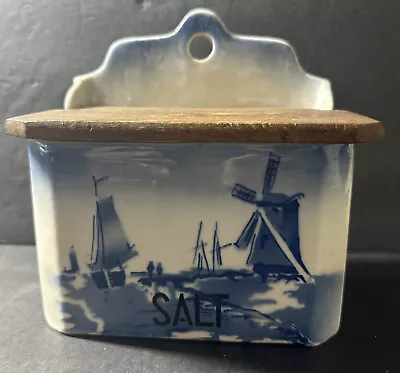 Antique Ditmar Urbach Blue & White Sail Boat CERAMIC Salt Box  Czechoslovakia • $32