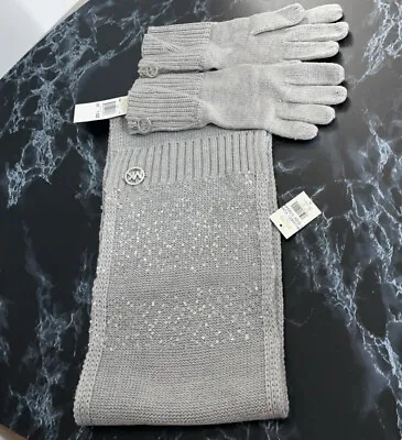 MICHAEL MICHAEL KORS Scarf And Gloves Set Sequins In Gray / Silver AUTHENTIC NWT • $59