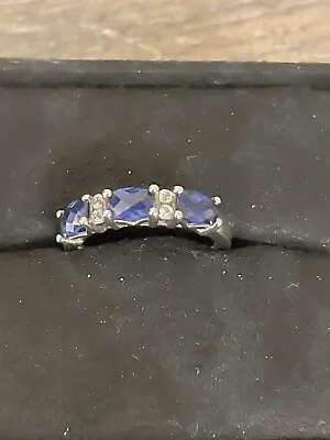 Estate Sterling Silver Lab Created Cushion Cut Sapphire Diamond Ring Size 7.5 • $77.84