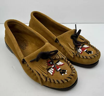 Minnetonka Women Suede Brown  Leather Moccasins THUNDERBIRD BEAD Women's Size 7  • $29.99