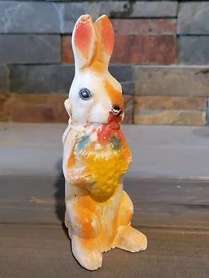 Vintage 6  Chalkware Easter Bunny W Basket Of Eggs Airbrushed Carnival Prize • $22.99