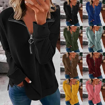 £10.79 • Buy Womens Zip Up V Neck Long Sleeve Shirt Ladies Casual Loose Blouse Pullover Tops