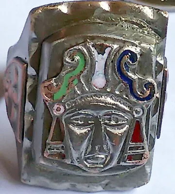 RARE Sterling Silver Antique Mexican Mayan Mask Ring Warrior Shield 1 Oz  Size 8 • £125.05