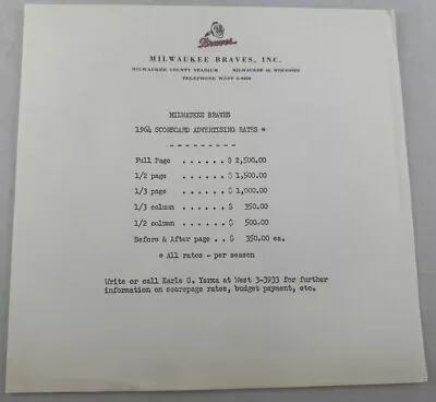 Original Flyer 1964 Milwaukee Braves Baseball Scorecard Advertising Rates • $19.95
