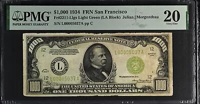 1934 $1000 Federal Reserve Note Bill FRN FR-2211- Certified PMG 20 (Very Fine) • $3200