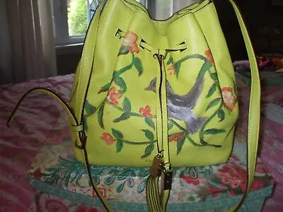 Kate Spade Neon Yellow Leather Hand Painted Bird Flower Bucket Shoulder Bag Hobo • £320.91