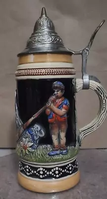 Vintage German Ceramic Beer Stein With Pewter Lid:  German Man Playing Alphorn • $6