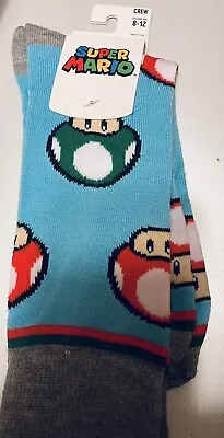 NEW NWT NINTENDO SUPER MARIO BROS Toad Unisex CREW SOCKS BIOWORLD Shoe Size 8-12 • $10.95