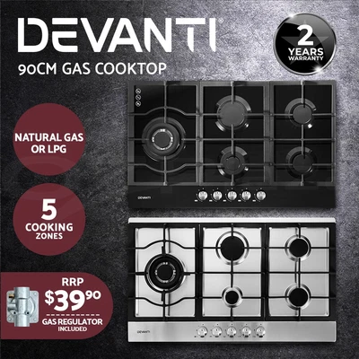 $321.43 • Buy Devanti Gas Cooktop 90cm 5 Burner Glass Steel Stove Hob Cooker Kitchen NG LPG