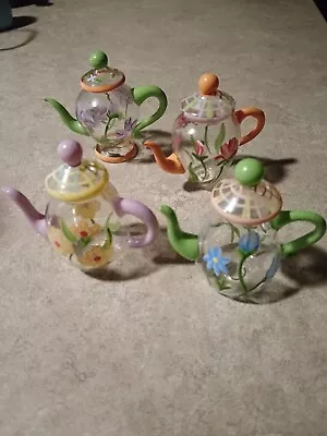 Miniature Teapots Art Glass Multi Color Lot Of 4 Mini Teapots Art Decor     (A) • $10