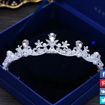 £33.26 • Buy Stunning Silver Crown/tiara With Clear Crystals & White Pearls, Bridal Or Racing