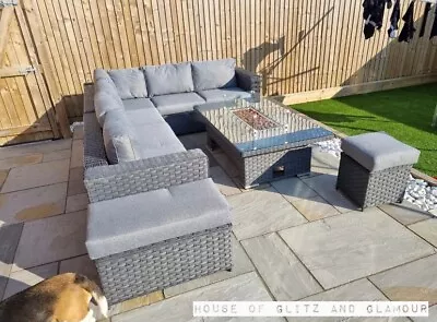 JAMAICA RATTAN Fire Pit Corner Sofa Dining Table Set Grey Brand New  Boxed • £1295