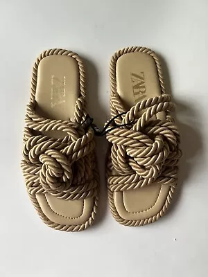 BNWOT ZARA Women’s Brown Tan Knotted Rope Slider Sandal Flat Sz 3 36 • £19