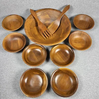 Vtg. MCM Walnut Wood Salad Bowl Set 11 Piece Vermilion Solid American Walnut  • $39.99